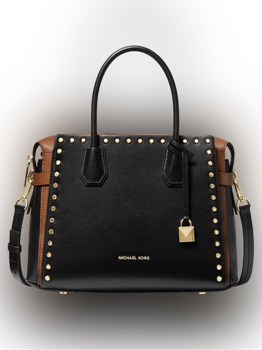 Michael Kors Black and Brown Studded Leather Satchel with Gold Hardware